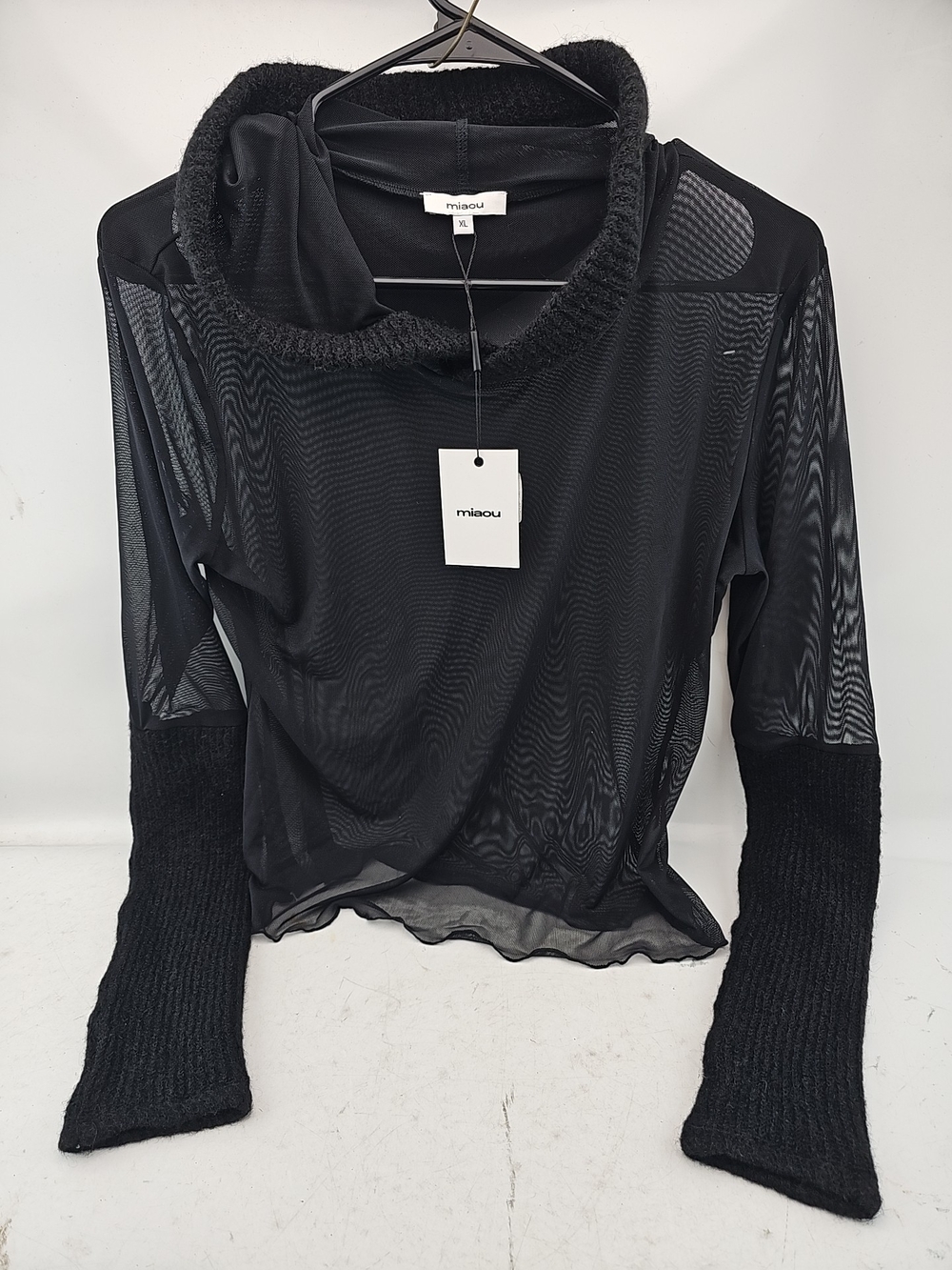 MIAOU Black Sheer Mesh Long-Sleeve Top with Knit Cuffs